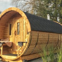 Barrelsauna thermowood L350 D227 - met omkleedruimte - met terras
